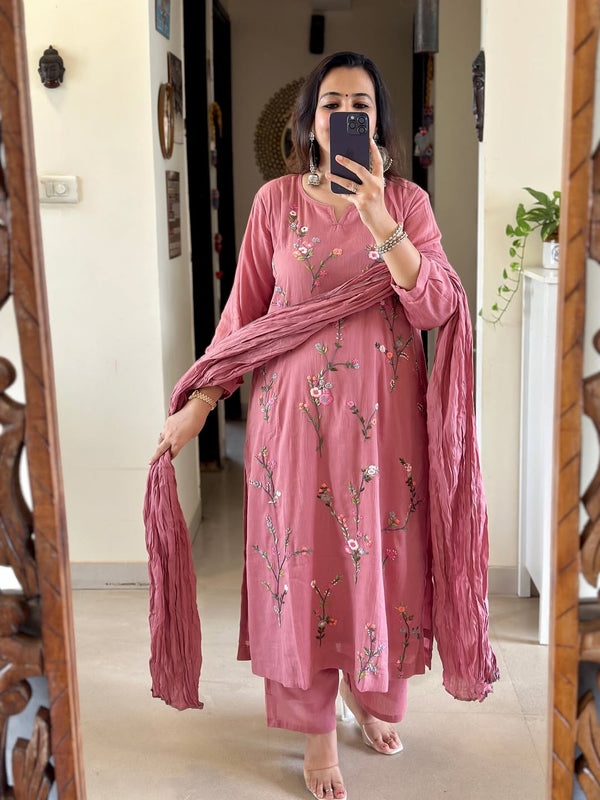 Pure Mul Cotton Embroidered Pant Set