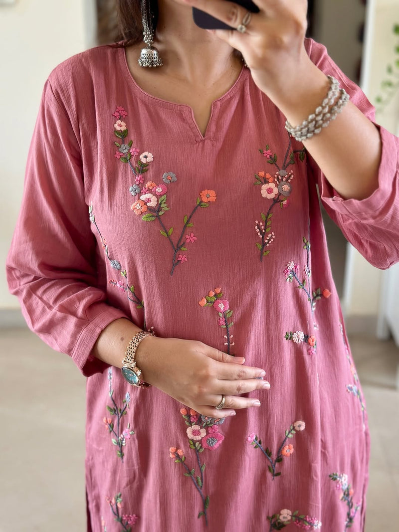 Pure Mul Cotton Embroidered Pant Set