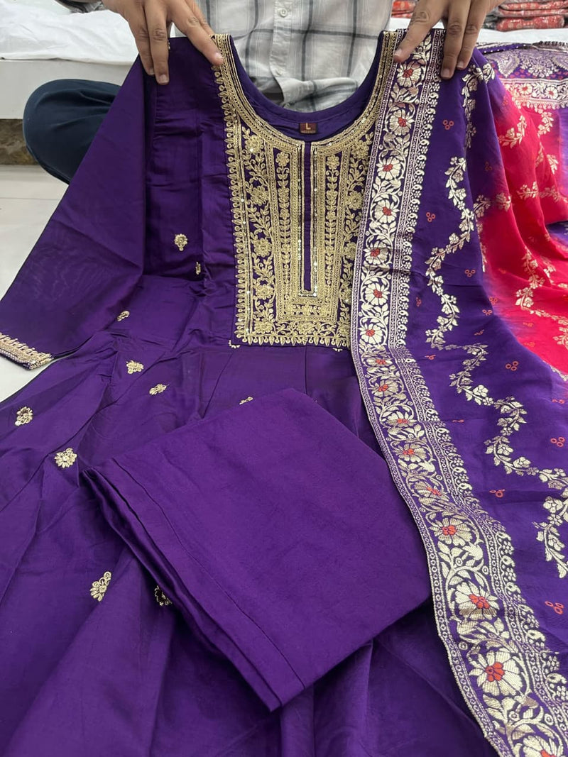 Anarkali Flared Kurti Pant Dupatta Set