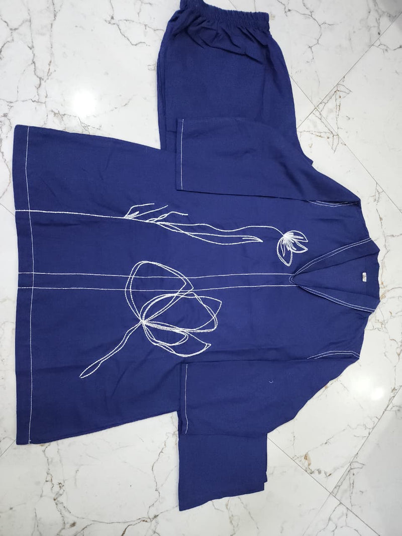Trendy Blue Cotton Co-ord Set with Floral Embroidery