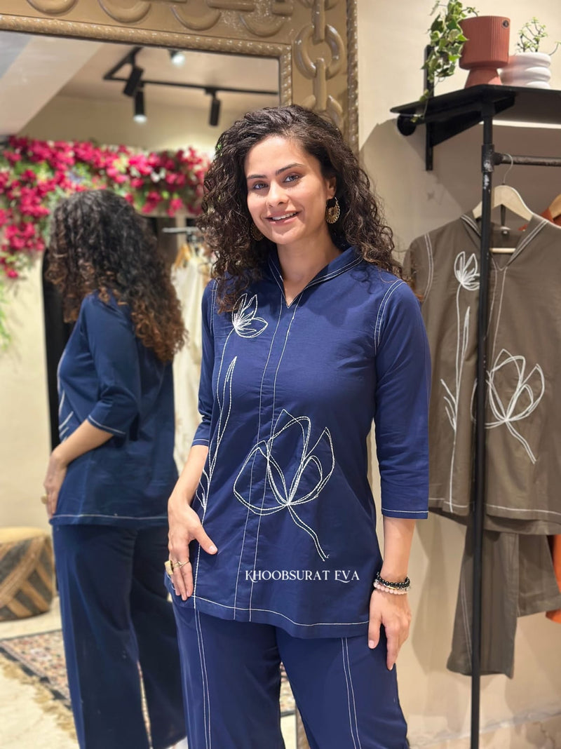 Trendy Blue Cotton Co-ord Set with Floral Embroidery