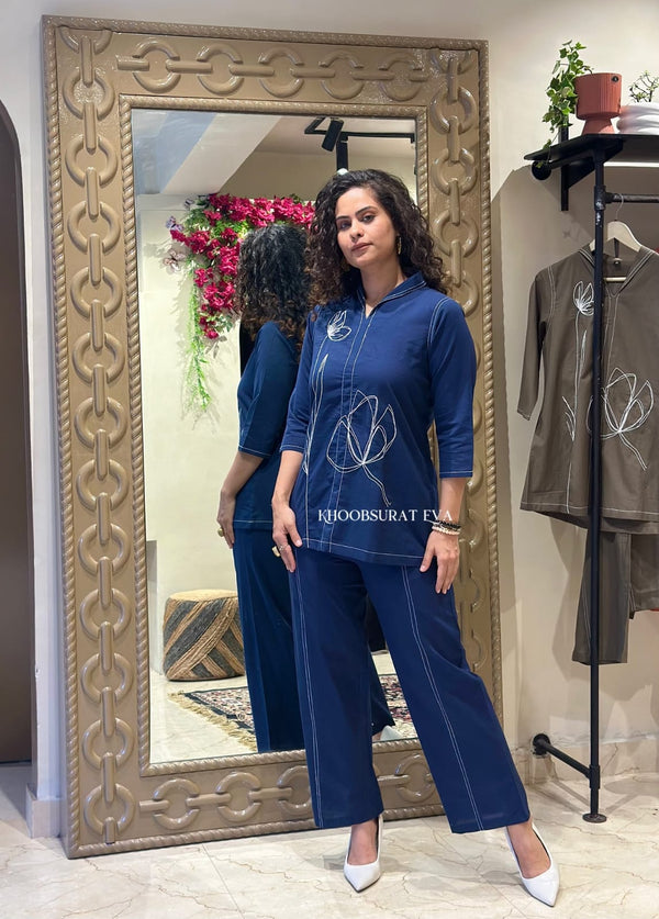 Trendy Blue Cotton Co-ord Set with Floral Embroidery