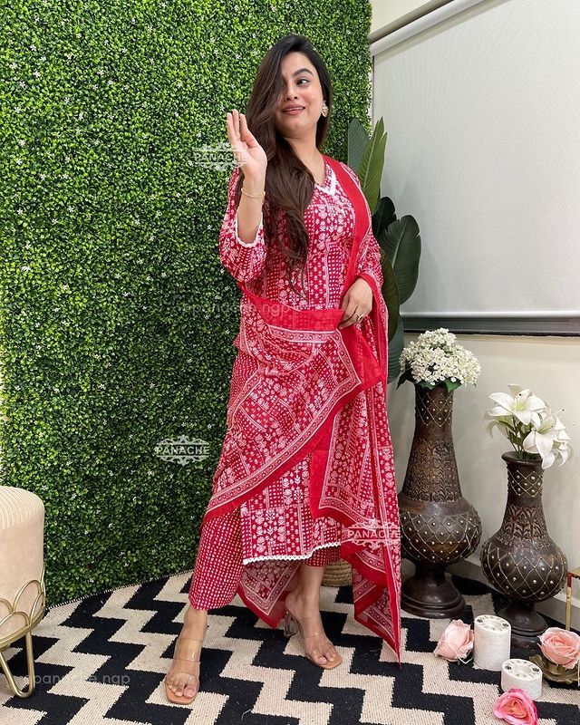 Red & Pink Printed Pure Cotton Suit Set