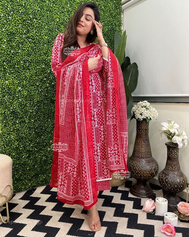 Red & Pink Printed Pure Cotton Suit Set