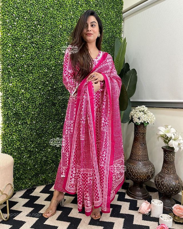 Red & Pink Printed Pure Cotton Suit Set