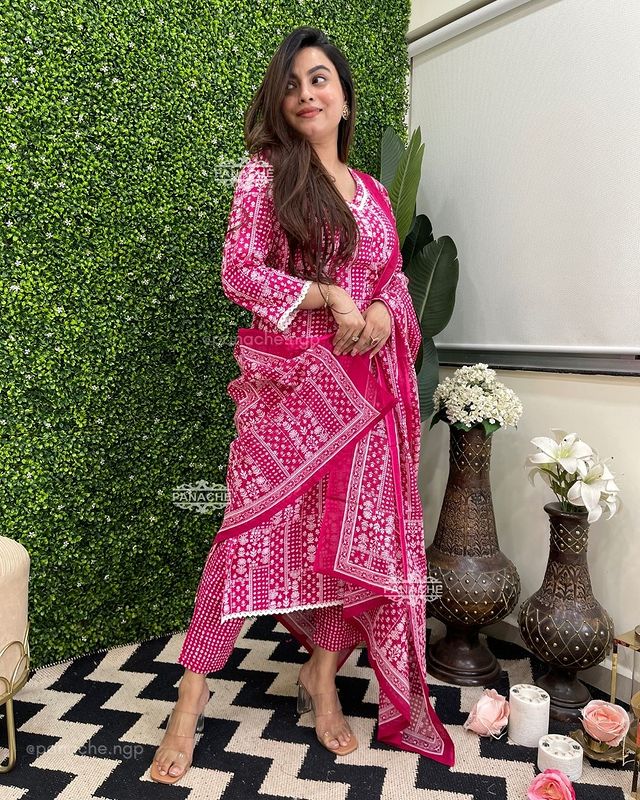Red & Pink Printed Pure Cotton Suit Set