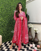 Red & Pink Printed Pure Cotton Suit Set