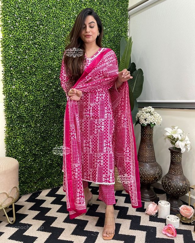 Red & Pink Printed Pure Cotton Suit Set