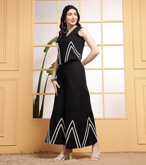 Premium Cotton Slub Co-ord Set with Zig Zag Lace Work & Palazzo