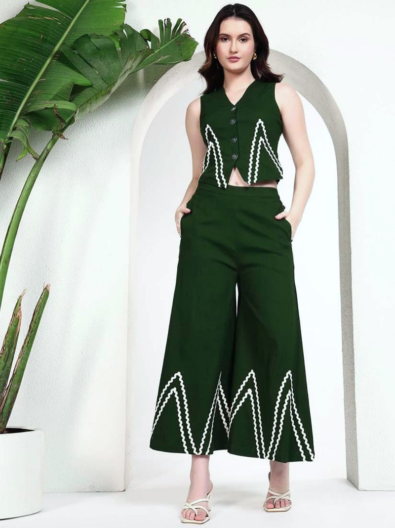 Premium Cotton Slub Co-ord Set with Zig Zag Lace Work & Palazzo