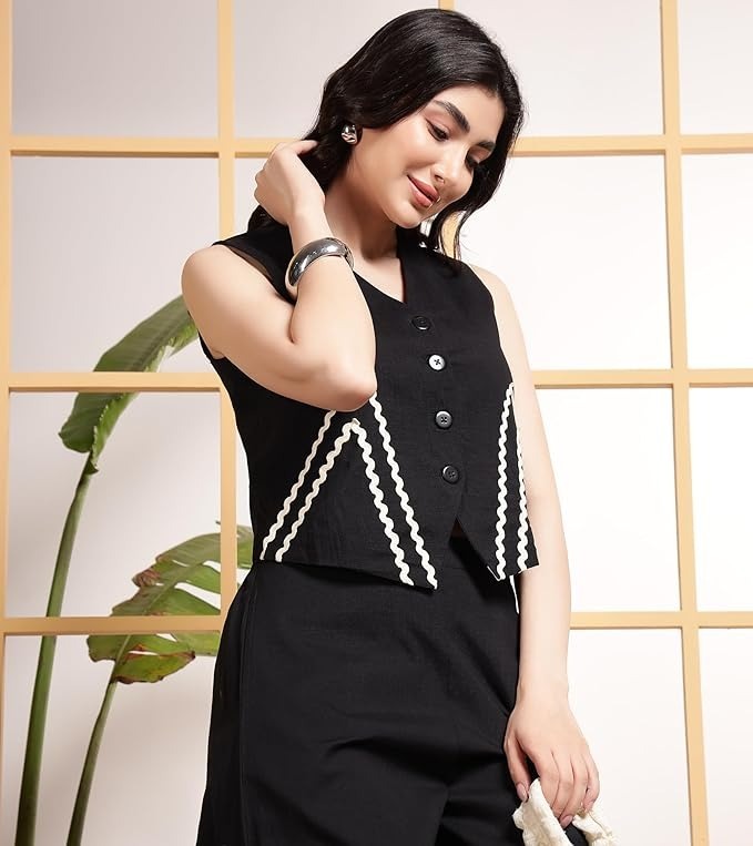 Premium Cotton Slub Co-ord Set with Zig Zag Lace Work & Palazzo