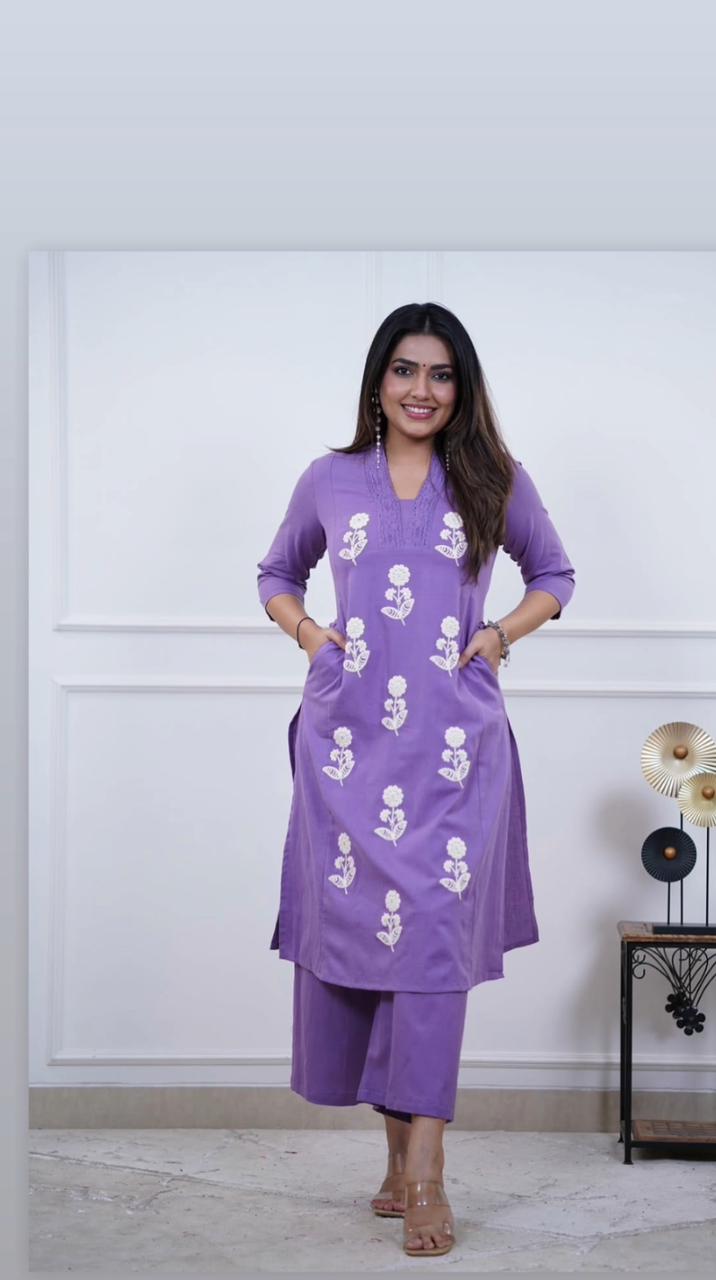 Pure Cotton Co-ord Set with Embroidery &amp; Lace