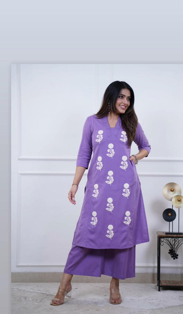 Pure Cotton Co-ord Set with Embroidery &amp; Lace