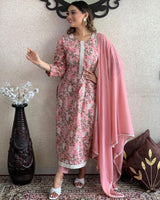 Elegant Embroidered Cotton Suit Set with Chiffon Dupatta