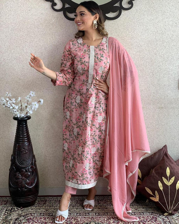 Elegant Embroidered Cotton Suit Set with Chiffon Dupatta