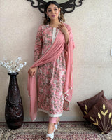 Elegant Embroidered Cotton Suit Set with Chiffon Dupatta