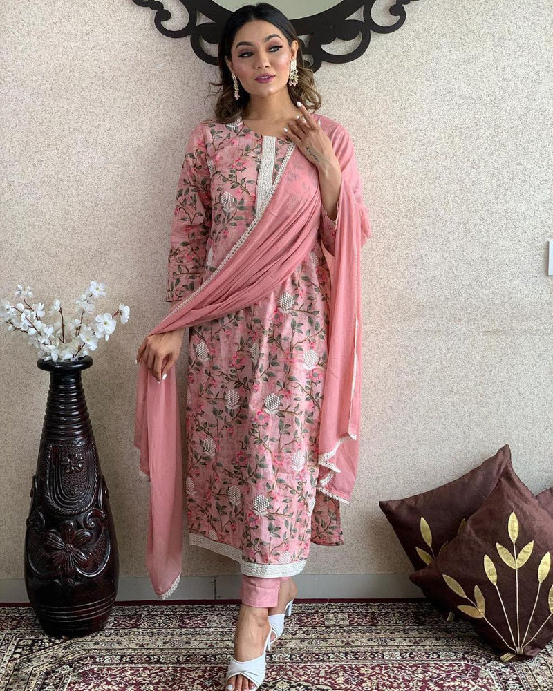 Elegant Embroidered Cotton Suit Set with Chiffon Dupatta