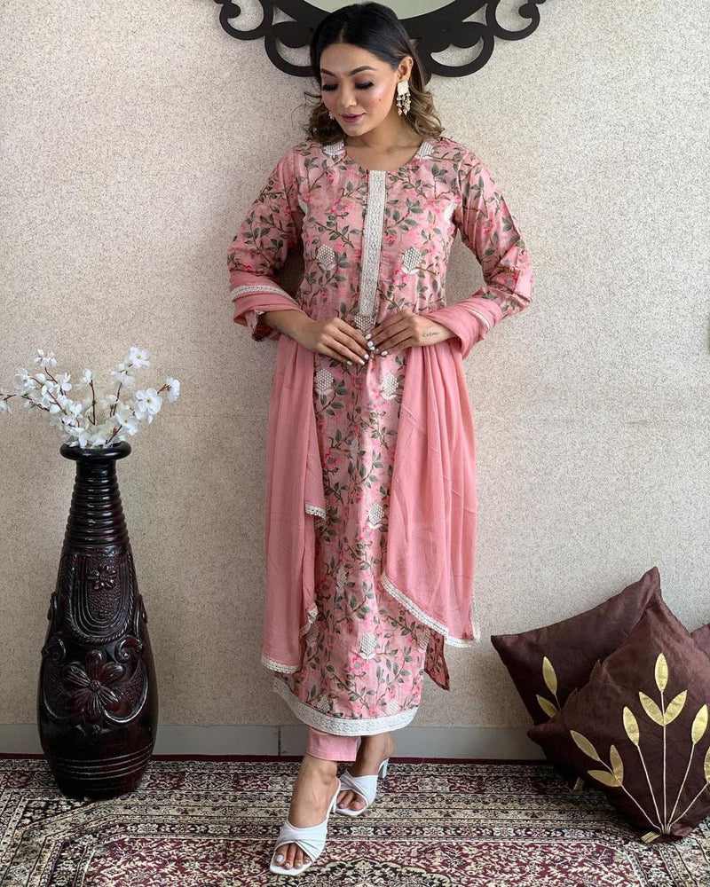 Elegant Embroidered Cotton Suit Set with Chiffon Dupatta