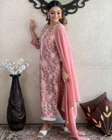Elegant Embroidered Cotton Suit Set with Chiffon Dupatta