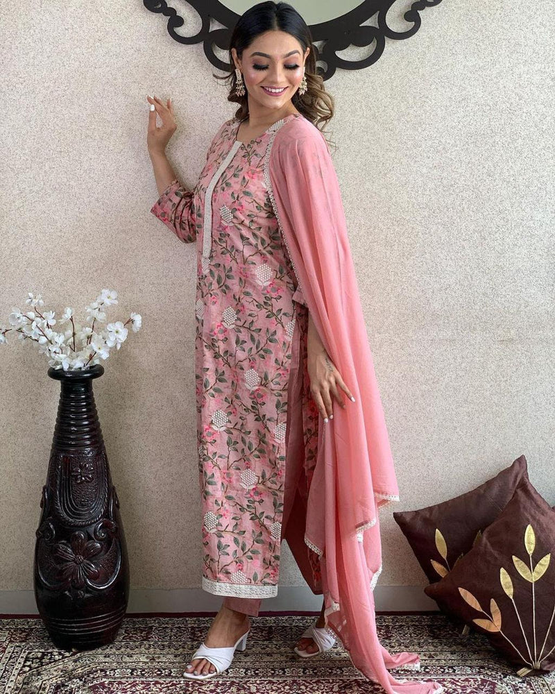 Elegant Embroidered Cotton Suit Set with Chiffon Dupatta