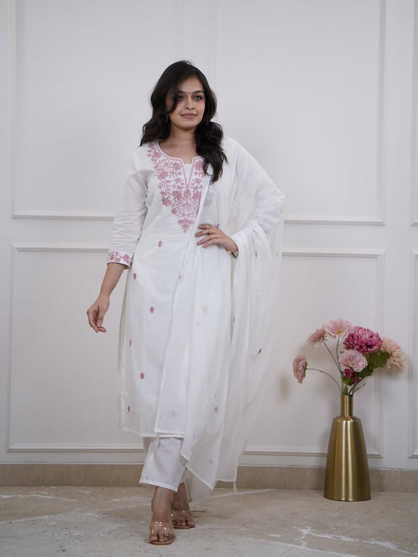White Flex Cotton Khadi Embroidered Suit Set with Mulmul Dupatta