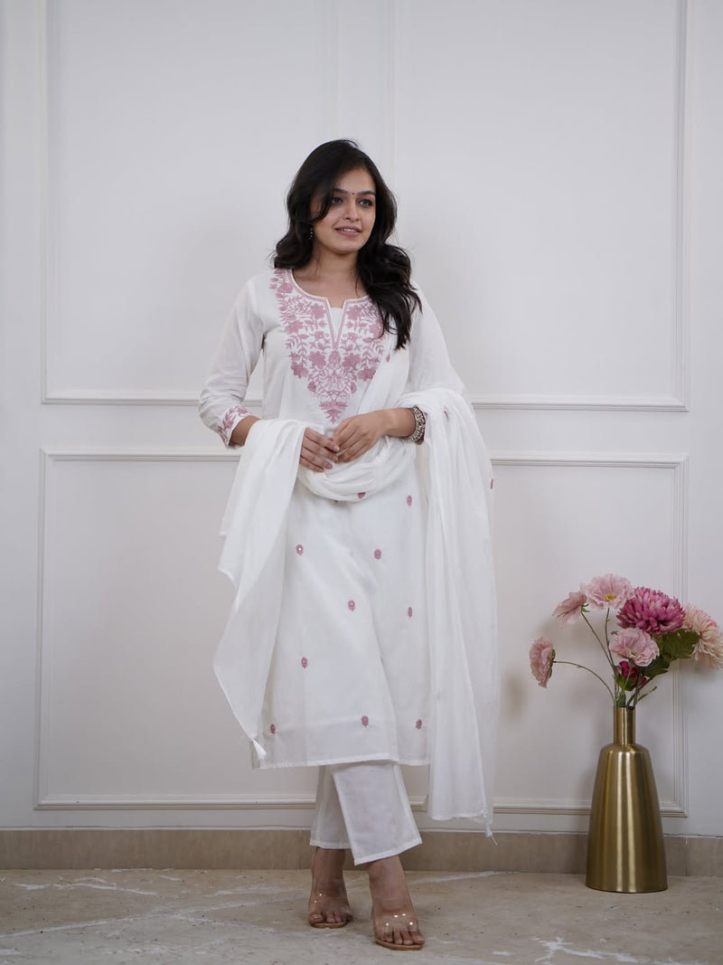 White Flex Cotton Khadi Embroidered Suit Set with Mulmul Dupatta