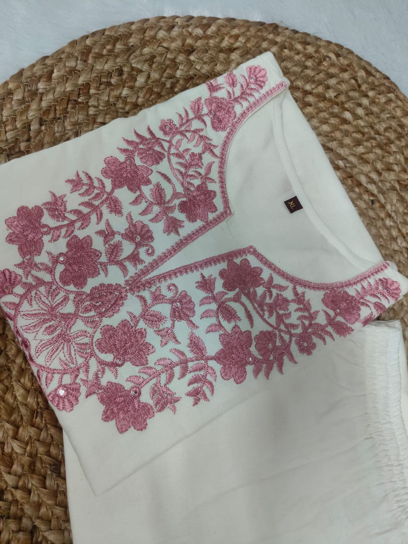 White Flex Cotton Khadi Embroidered Suit Set with Mulmul Dupatta