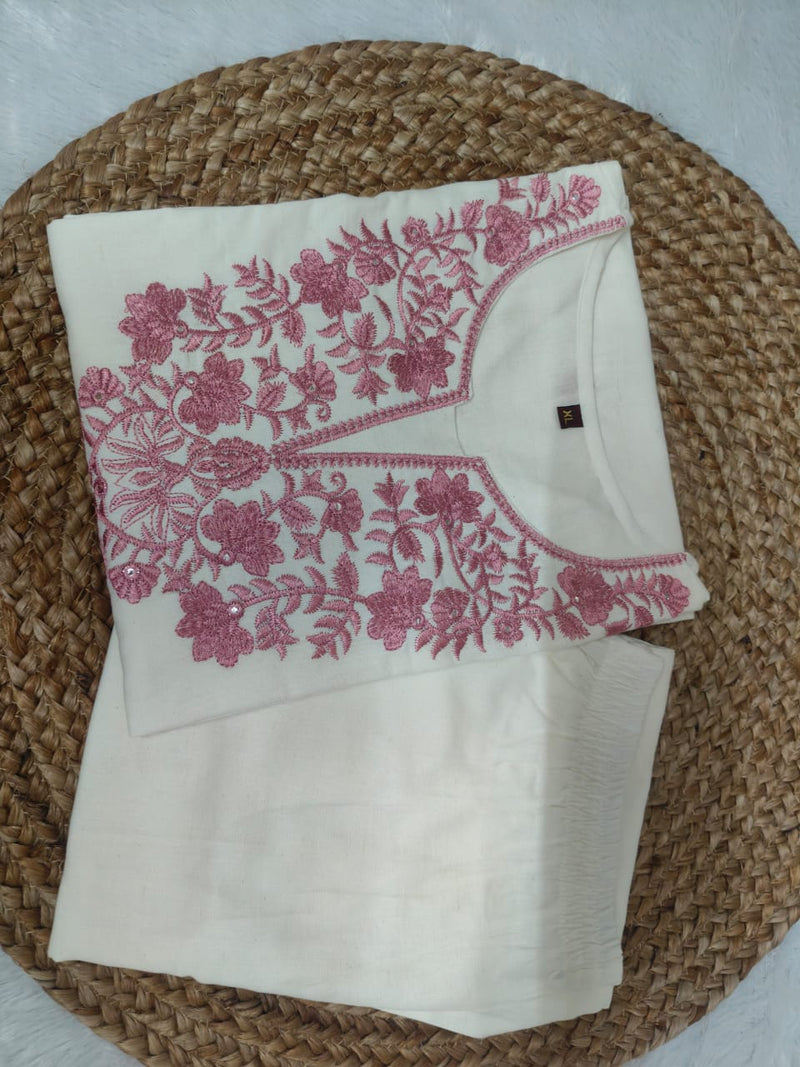 White Flex Cotton Khadi Embroidered Suit Set with Mulmul Dupatta