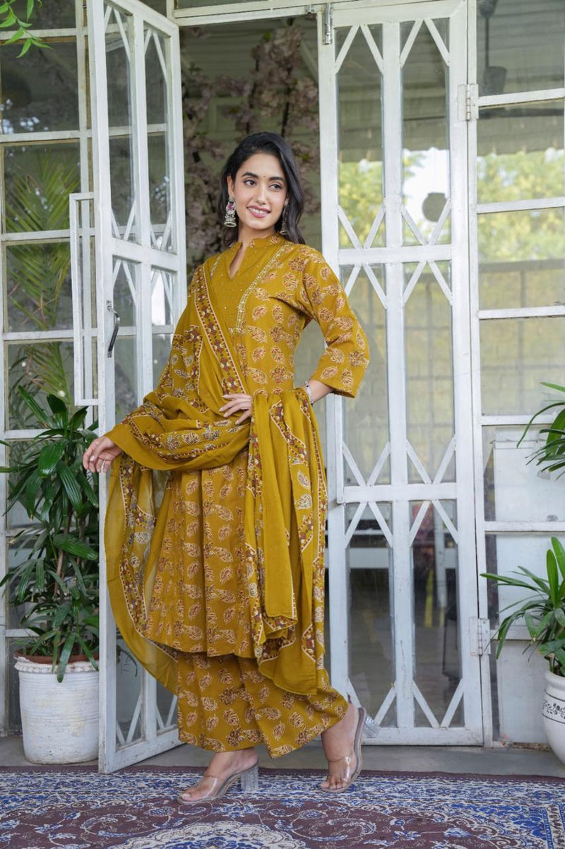 Elegant Cotton Angrakha Kurta Pant Dupatta Set with Embroidery & Adda Work – Utsaahit New Arrival | Sizes M to 7XL