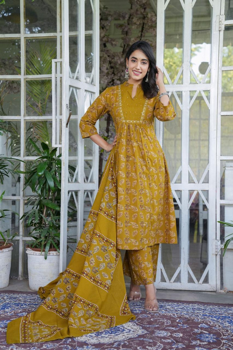 Elegant Cotton Angrakha Kurta Pant Dupatta Set with Embroidery & Adda Work – Utsaahit New Arrival | Sizes M to 7XL