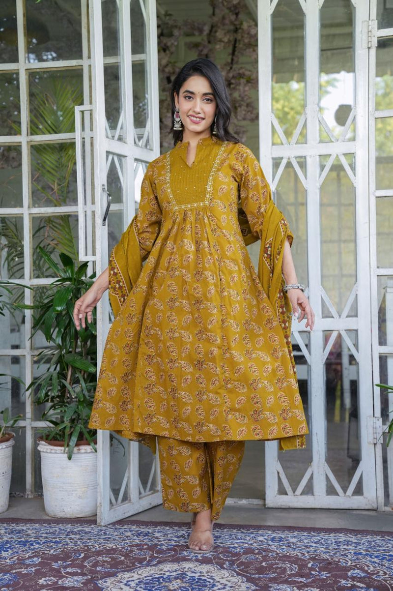 Elegant Cotton Angrakha Kurta Pant Dupatta Set with Embroidery & Adda Work – Utsaahit New Arrival | Sizes M to 7XL