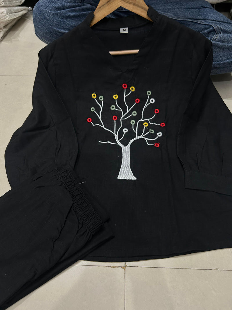 Beautiful Pure Cotton Slub Embroidered Kurta with Plazzo