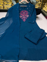 A-Line Cotton Slub Kurta Pant Dupatta Set with Floral Embroidery