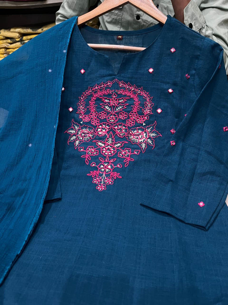 A-Line Cotton Slub Kurta Pant Dupatta Set with Floral Embroidery