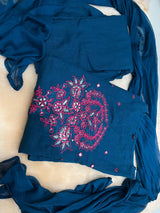 A-Line Cotton Slub Kurta Pant Dupatta Set with Floral Embroidery