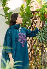 A-Line Cotton Slub Kurta Pant Dupatta Set with Floral Embroidery