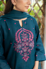 A-Line Cotton Slub Kurta Pant Dupatta Set with Floral Embroidery