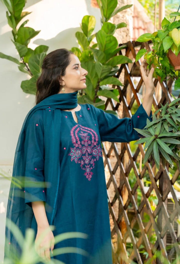 A-Line Cotton Slub Kurta Pant Dupatta Set with Floral Embroidery
