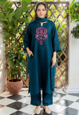 A-Line Cotton Slub Kurta Pant Dupatta Set with Floral Embroidery