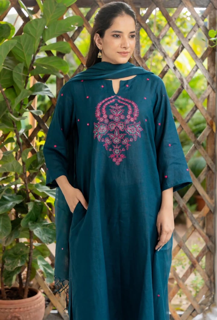 A-Line Cotton Slub Kurta Pant Dupatta Set with Floral Embroidery