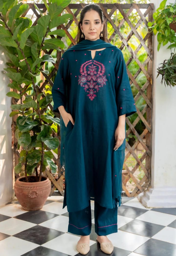 A-Line Cotton Slub Kurta Pant Dupatta Set with Floral Embroidery