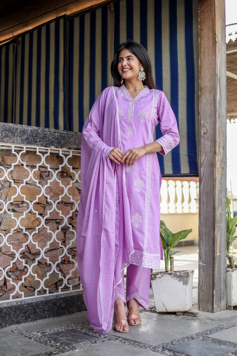 New Summer Cotton Embroidered Kurta Pant Dupatta Set