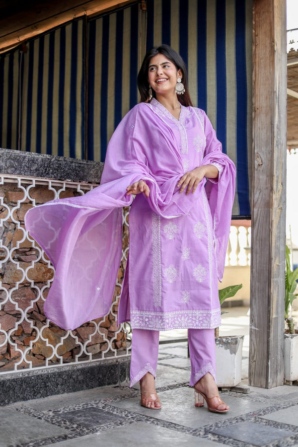 New Summer Cotton Embroidered Kurta Pant Dupatta Set