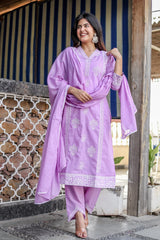 New Summer Cotton Embroidered Kurta Pant Dupatta Set