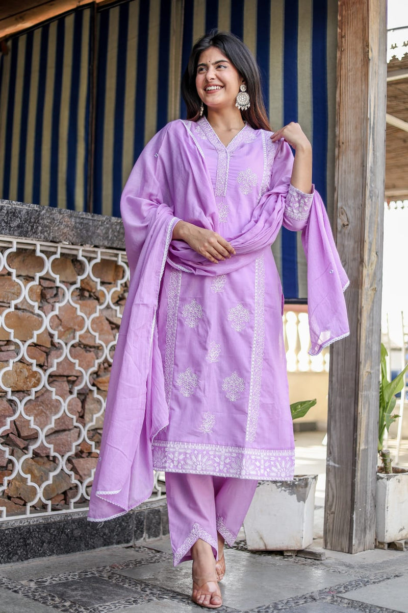 New Summer Cotton Embroidered Kurta Pant Dupatta Set