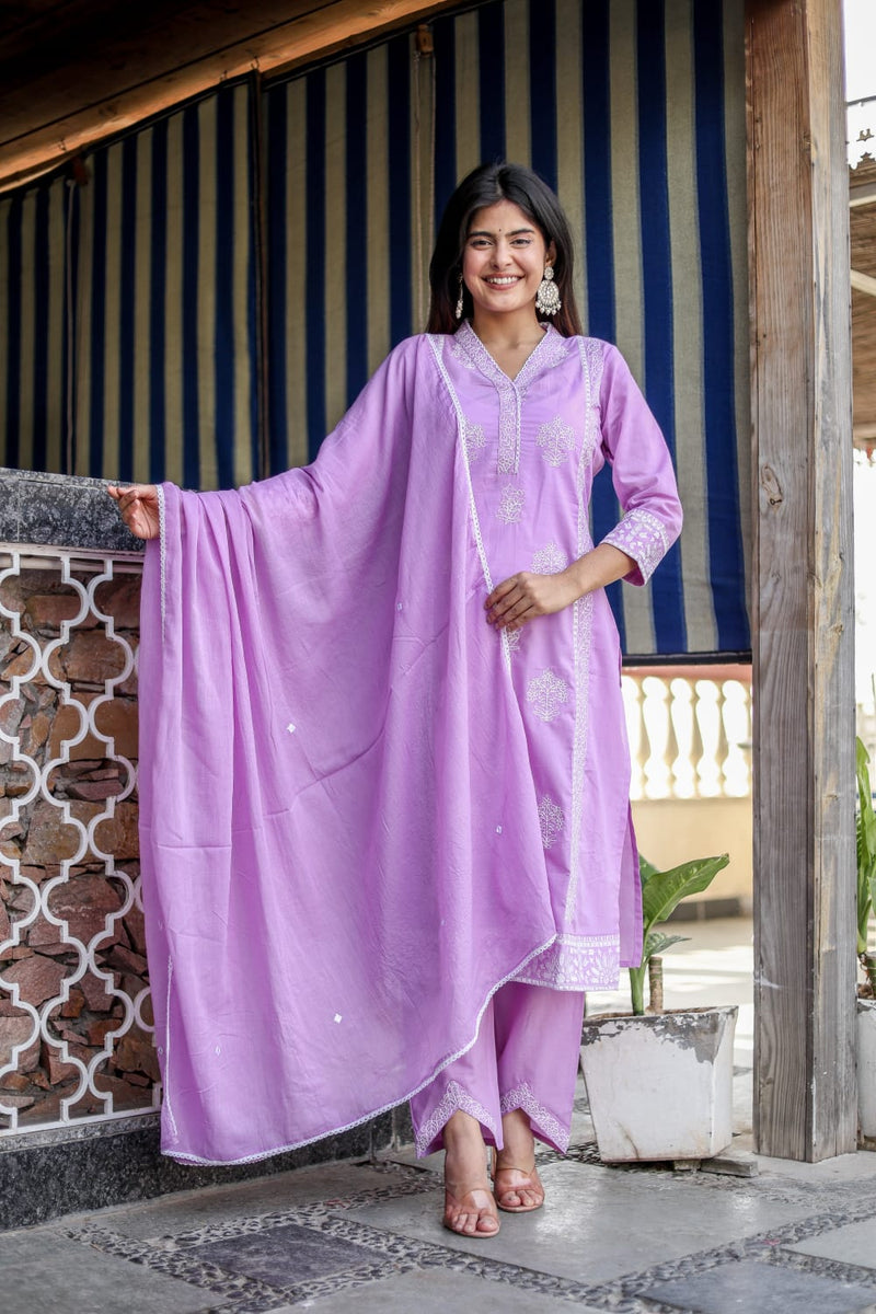 New Summer Cotton Embroidered Kurta Pant Dupatta Set