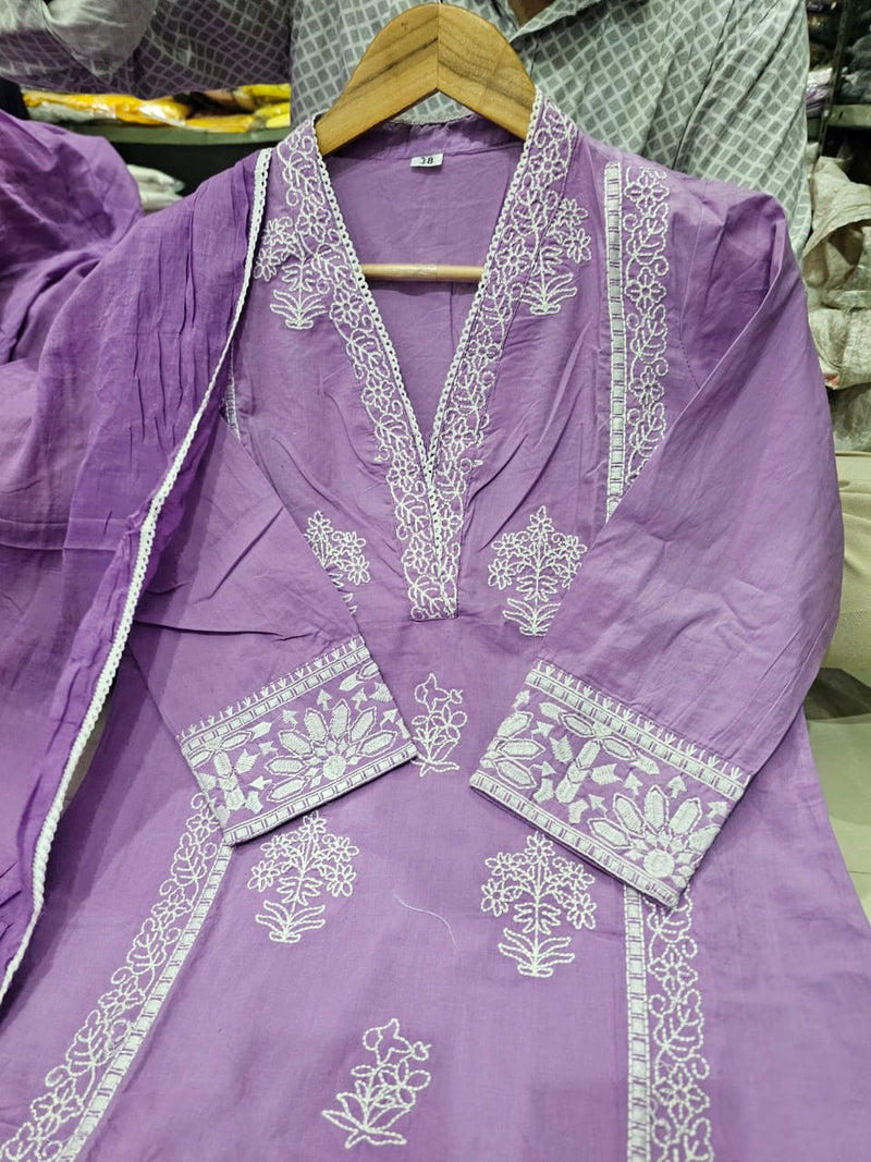 New Summer Cotton Embroidered Kurta Pant Dupatta Set