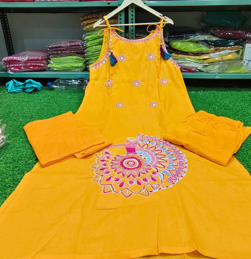 Pure Cotton Heavy Embroidered Sleeveless Suit Set with Dori Work