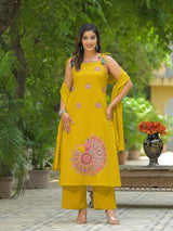 Pure Cotton Heavy Embroidered Sleeveless Suit Set with Dori Work