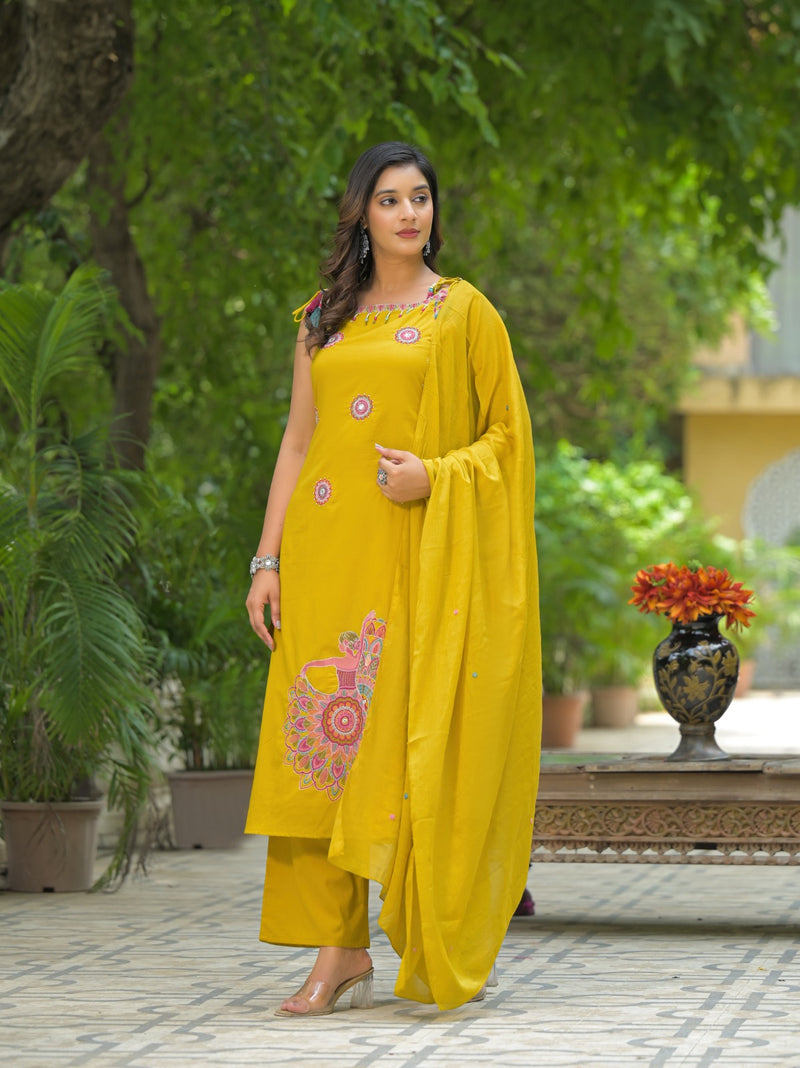 Pure Cotton Heavy Embroidered Sleeveless Suit Set with Dori Work